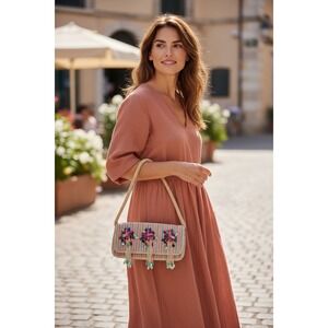 Beaded Clutch Purse Striped Floral Tassel Evening Bag Women